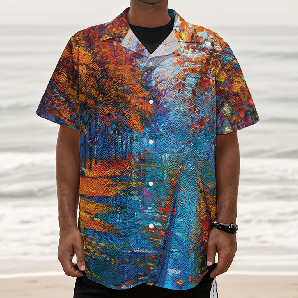 Autumn Painting Print Textured Short Sleeve Shirt