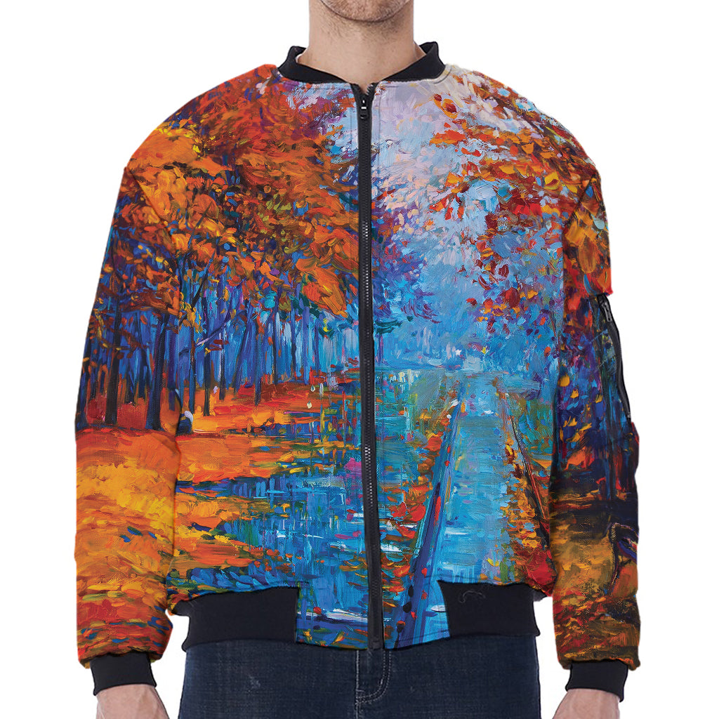 Autumn Painting Print Zip Sleeve Bomber Jacket