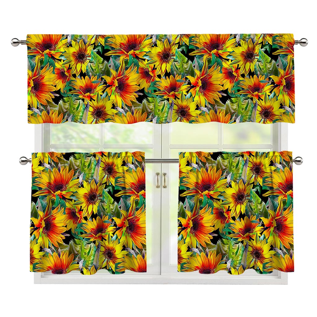 Autumn Sunflower Pattern Print 3 Piece Kitchen Curtains