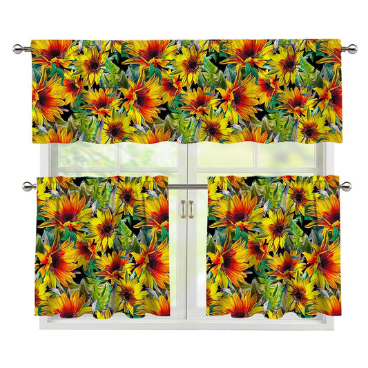 Autumn Sunflower Pattern Print 3 Piece Kitchen Curtains