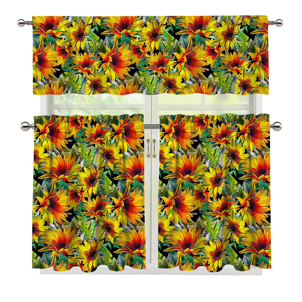Autumn Sunflower Pattern Print 3 Piece Kitchen Curtains