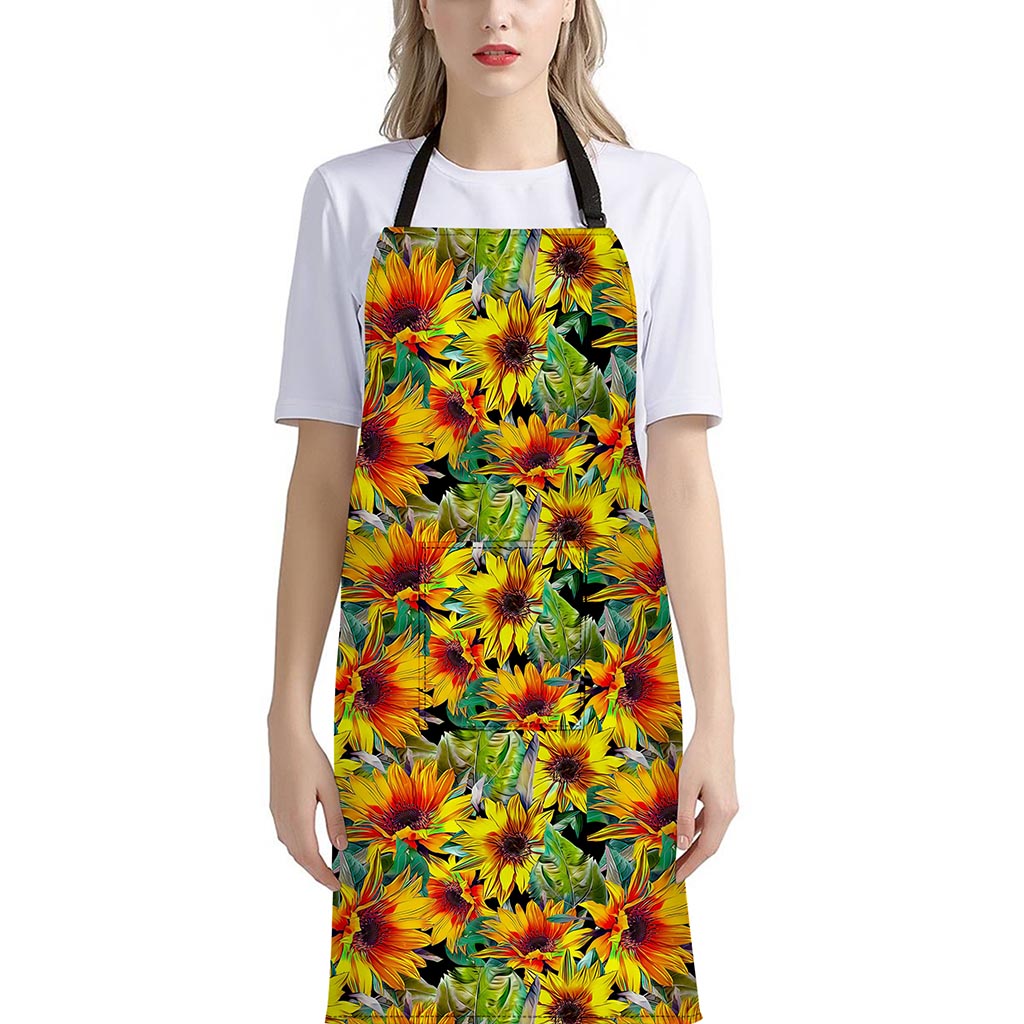 Autumn Sunflower Pattern Print Bib Apron With Pocket