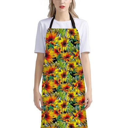 Autumn Sunflower Pattern Print Bib Apron With Pocket