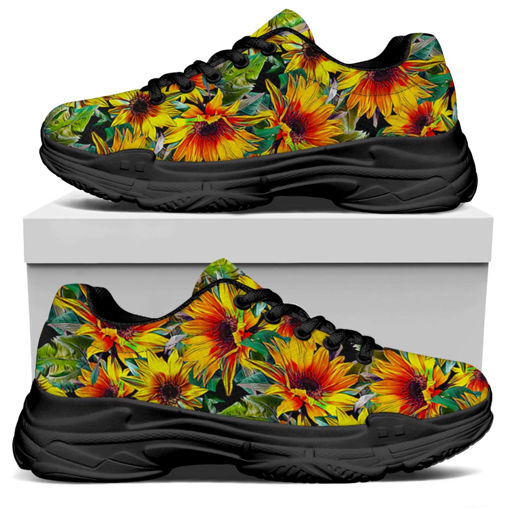 Autumn Sunflower Pattern Print Black Chunky Shoes