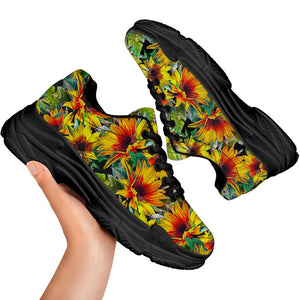 Autumn Sunflower Pattern Print Black Chunky Shoes