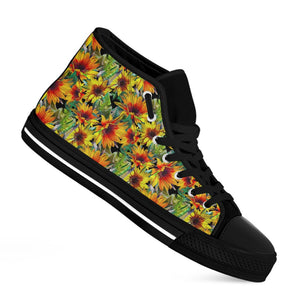 Autumn Sunflower Pattern Print Black High Top Sneakers