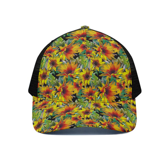 Autumn Sunflower Pattern Print Black Mesh Trucker Cap
