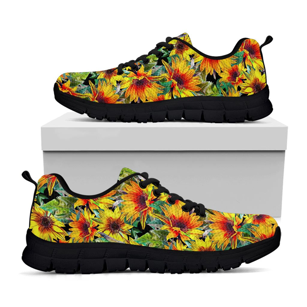 Autumn Sunflower Pattern Print Black Running Shoes