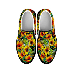 Autumn Sunflower Pattern Print Black Slip On Sneakers