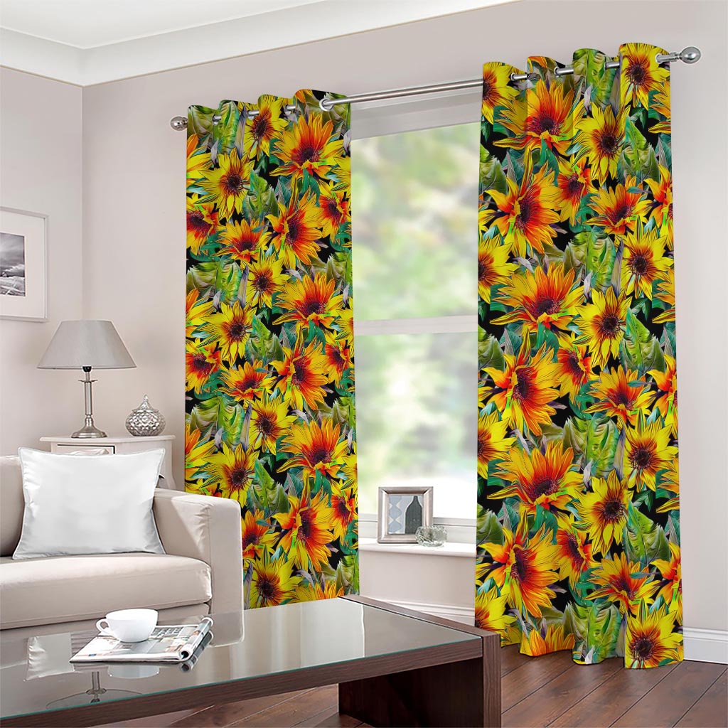 Autumn Sunflower Pattern Print Blackout Grommet Curtains