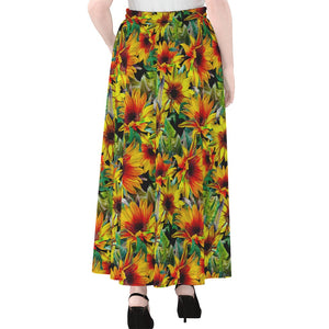 Autumn Sunflower Pattern Print Chiffon Maxi Skirt