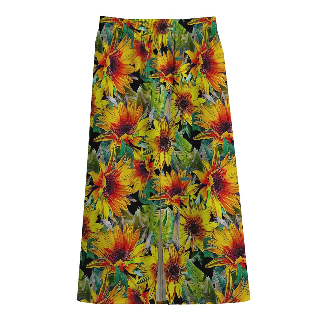 Autumn Sunflower Pattern Print Cotton Front Slit Maxi Skirt