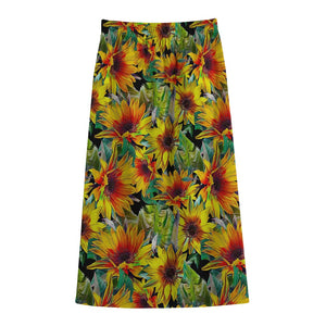 Autumn Sunflower Pattern Print Cotton Front Slit Maxi Skirt