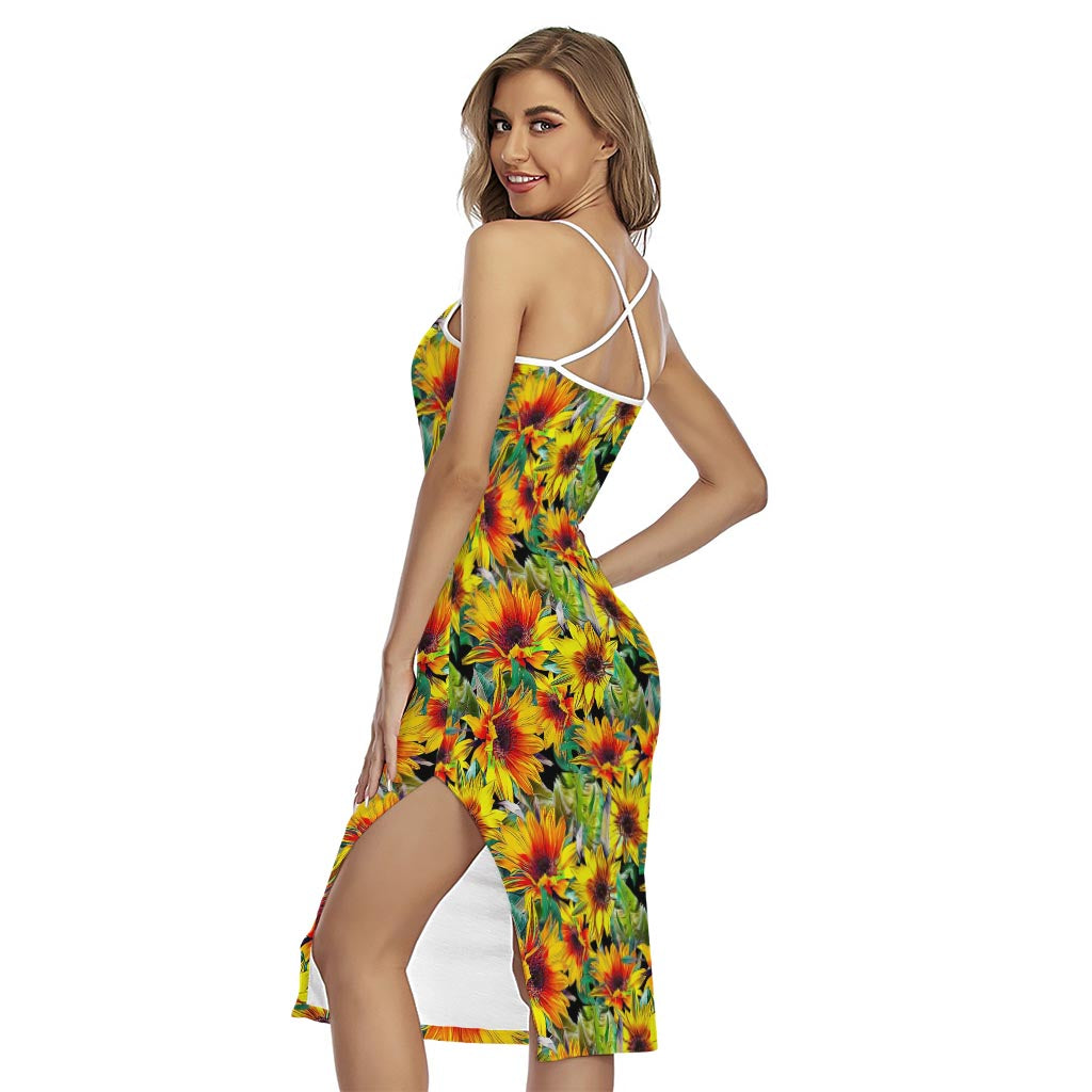 Autumn Sunflower Pattern Print Cross Back Cami Dress