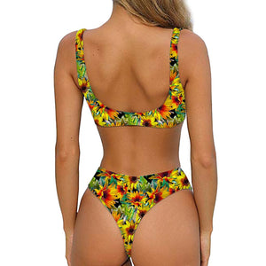 Autumn Sunflower Pattern Print Front Bow Tie Bikini