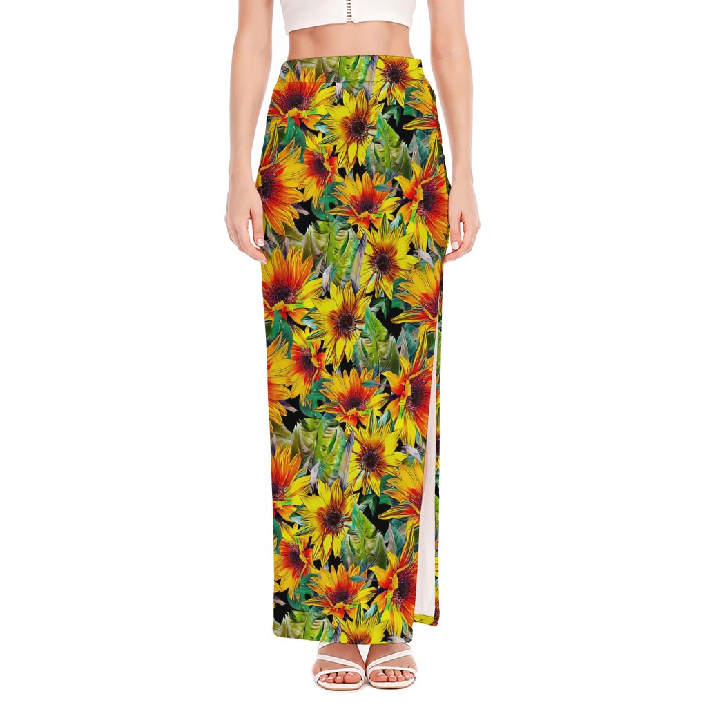 Autumn Sunflower Pattern Print High Slit Maxi Skirt