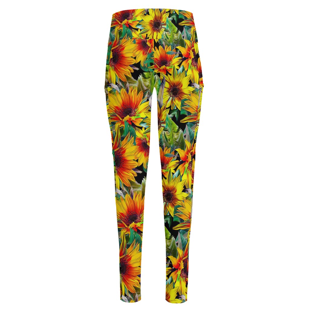 Autumn Sunflower Pattern Print High-Waisted Pocket Leggings