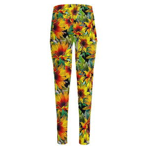 Autumn Sunflower Pattern Print High-Waisted Pocket Leggings