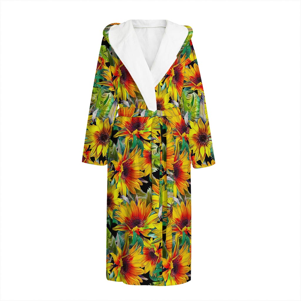 Autumn Sunflower Pattern Print Hooded Bathrobe