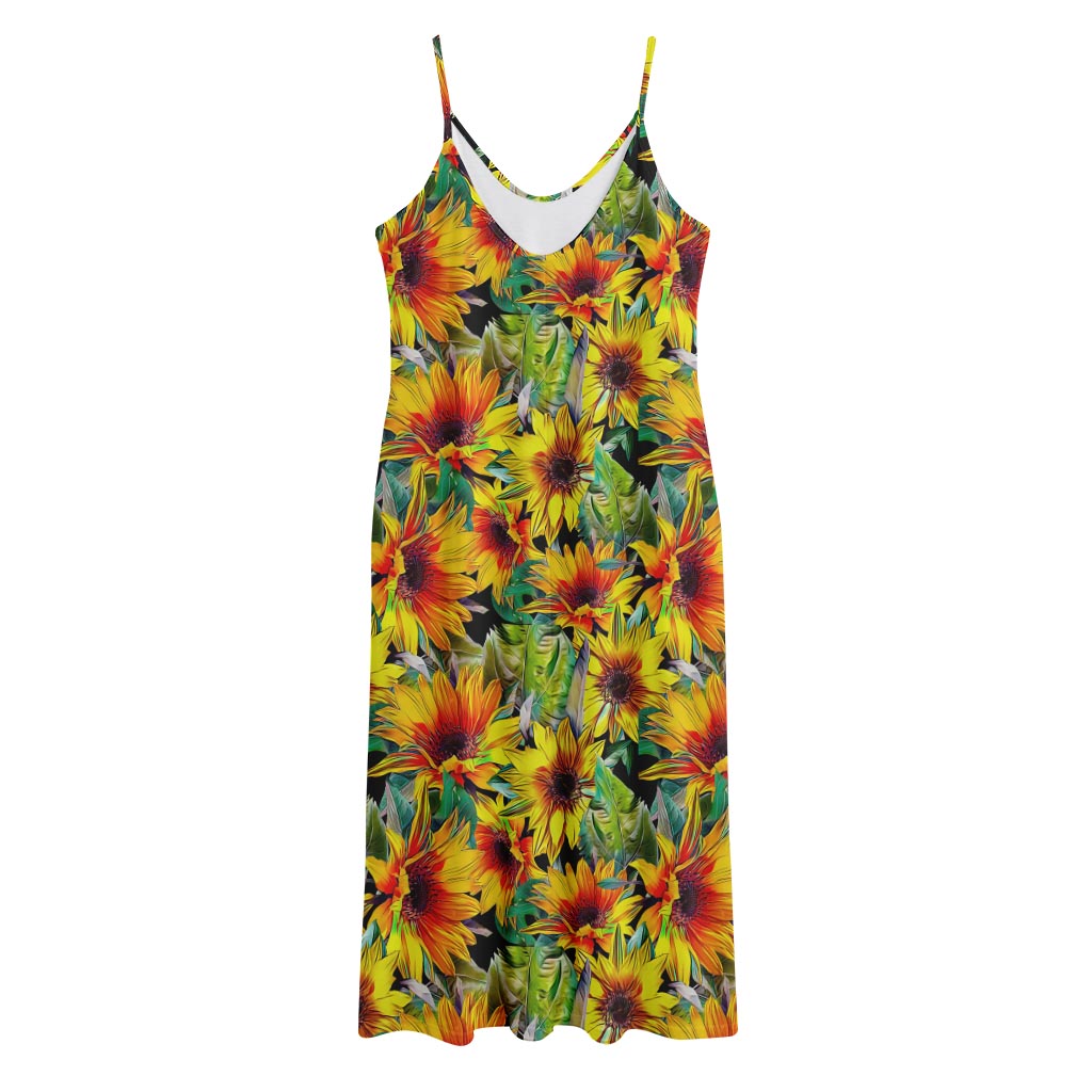 Autumn Sunflower Pattern Print Jersey Midi Cami Dress