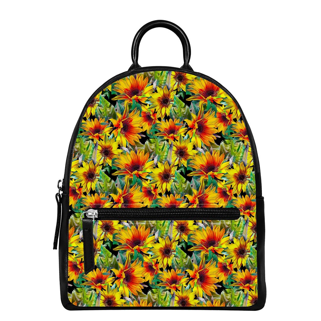 Autumn Sunflower Pattern Print Leather Backpack