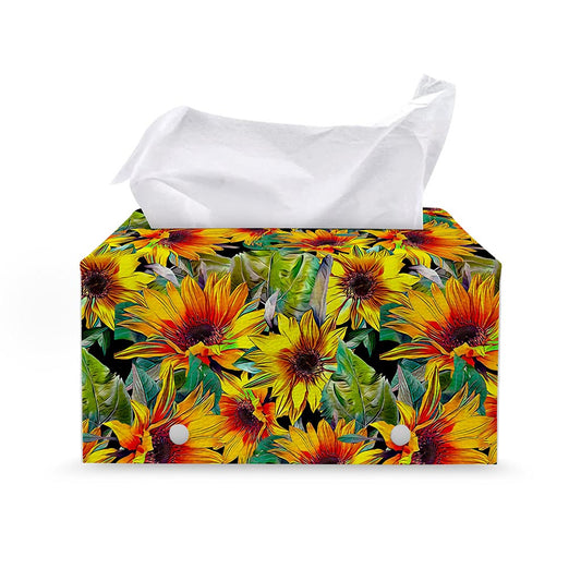 Autumn Sunflower Pattern Print Leather Tissue Box Cover