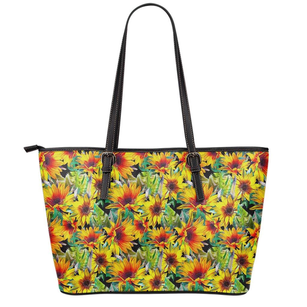 Autumn Sunflower Pattern Print Leather Tote Bag