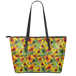 Autumn Sunflower Pattern Print Leather Tote Bag