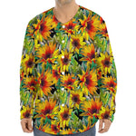 Autumn Sunflower Pattern Print Long Sleeve Baseball Jersey