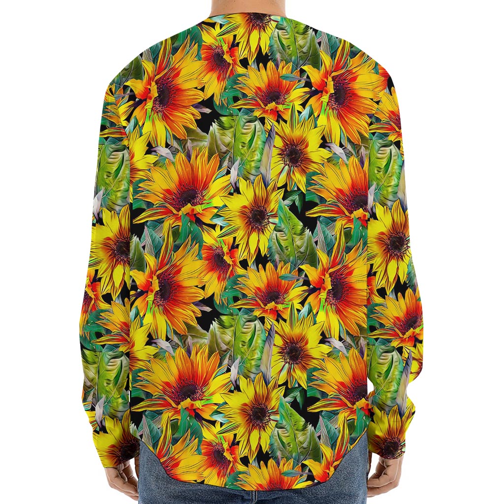 Autumn Sunflower Pattern Print Long Sleeve Baseball Jersey