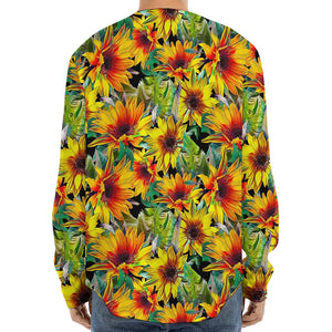 Autumn Sunflower Pattern Print Long Sleeve Baseball Jersey