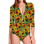 Autumn Sunflower Pattern Print Long Sleeve Swimsuit