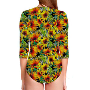 Autumn Sunflower Pattern Print Long Sleeve Swimsuit