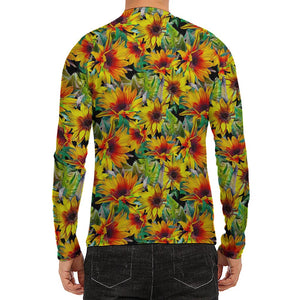 Autumn Sunflower Pattern Print Men's Long Sleeve Rash Guard