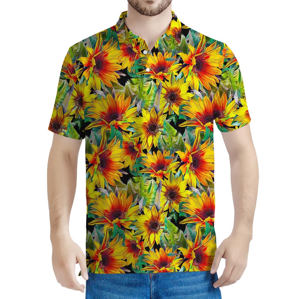 Autumn Sunflower Pattern Print Men's Polo Shirt