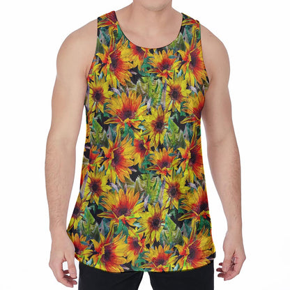 Autumn Sunflower Pattern Print Men's Velvet Tank Top