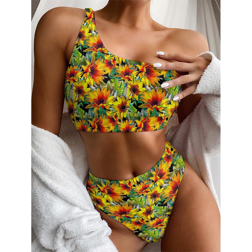 Autumn Sunflower Pattern Print One Shoulder Bikini Top