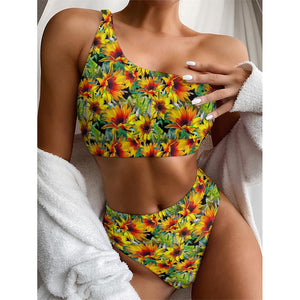 Autumn Sunflower Pattern Print One Shoulder Bikini Top