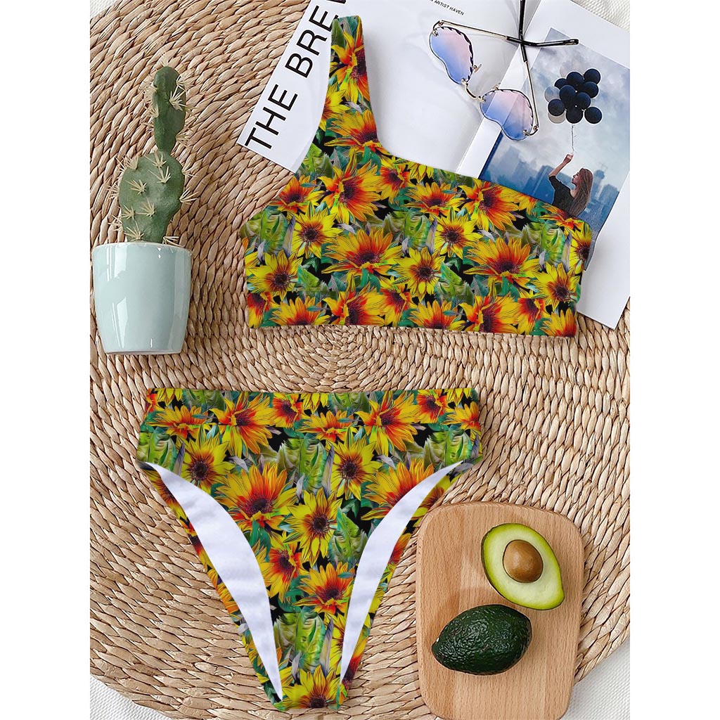 Autumn Sunflower Pattern Print One Shoulder Bikini Top