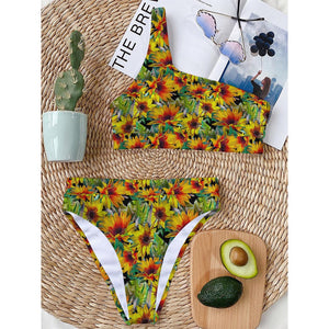 Autumn Sunflower Pattern Print One Shoulder Bikini Top