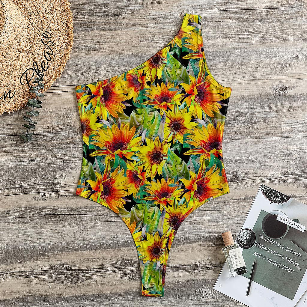 Autumn Sunflower Pattern Print One Shoulder Bodysuit