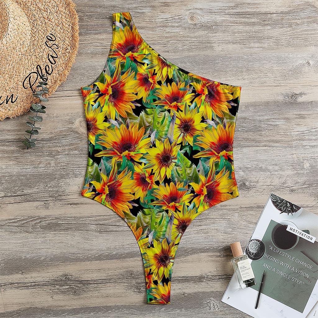 Autumn Sunflower Pattern Print One Shoulder Bodysuit