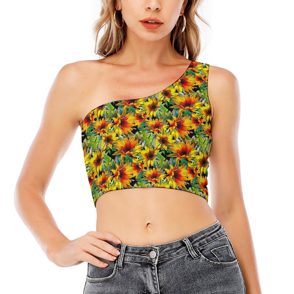 Autumn Sunflower Pattern Print One Shoulder Crop Top