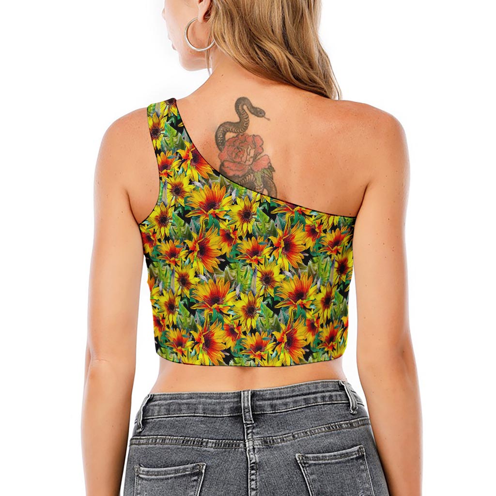 Autumn Sunflower Pattern Print One Shoulder Crop Top