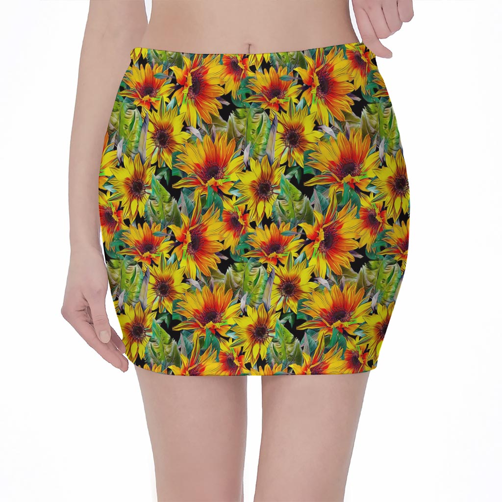 Autumn Sunflower Pattern Print Pencil Mini Skirt