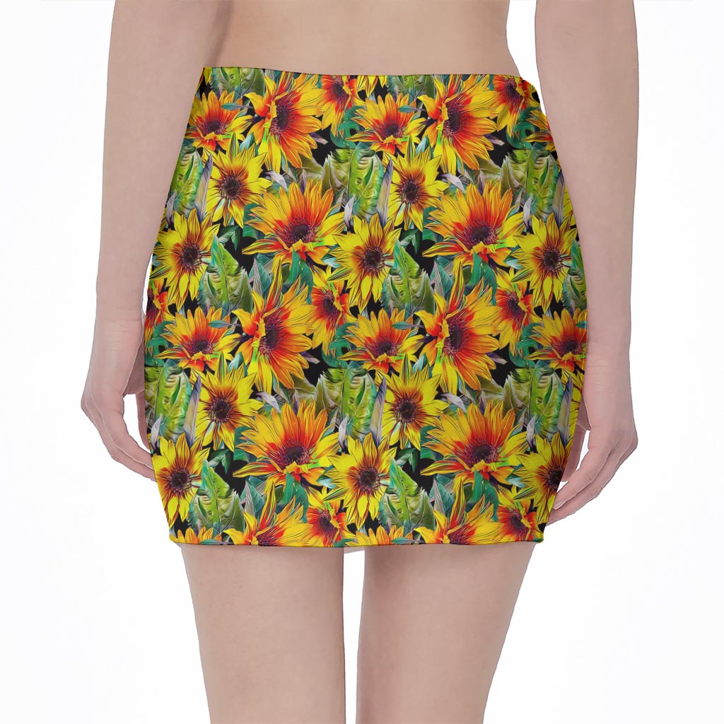 Autumn Sunflower Pattern Print Pencil Mini Skirt