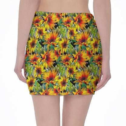 Autumn Sunflower Pattern Print Pencil Mini Skirt