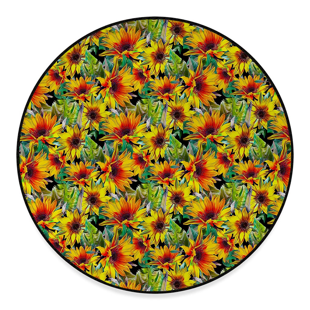 Autumn Sunflower Pattern Print Round Floor Mat