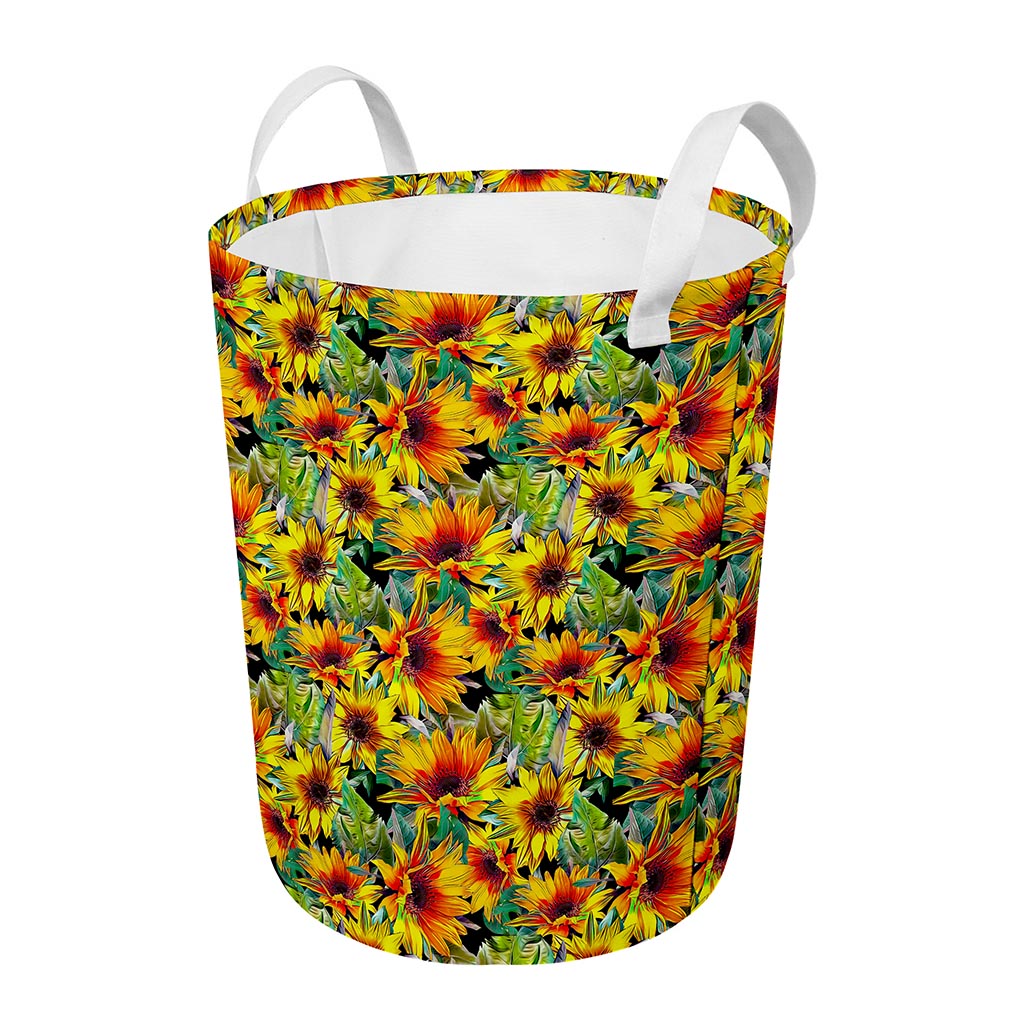 Autumn Sunflower Pattern Print Round Laundry Basket