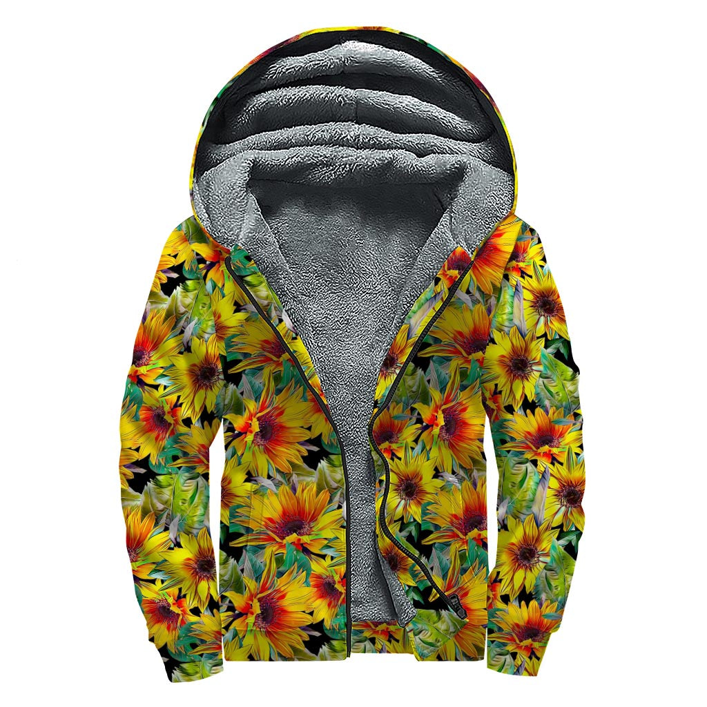 Autumn Sunflower Pattern Print Sherpa Lined Zip Up Hoodie